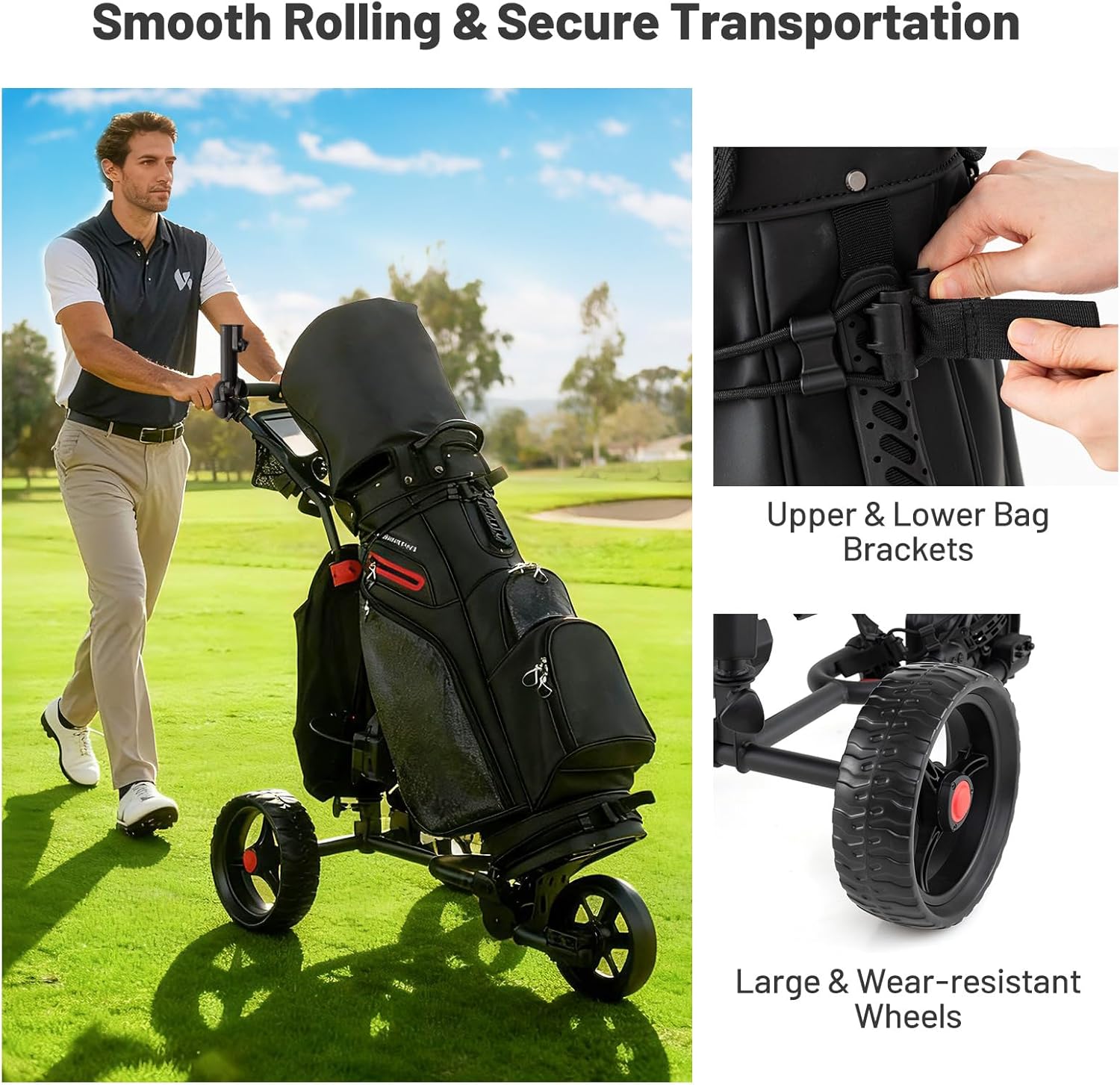 Tangkula Electric Golf Push Cart, Foldable 3 Wheels Golf Cart with Adjustable Handle & 9 Speed Settings, 18 Hole Battery, Umbrella Holder, Drink Holder, Scorecard Holder, Cooler Bag & USB Port, Black