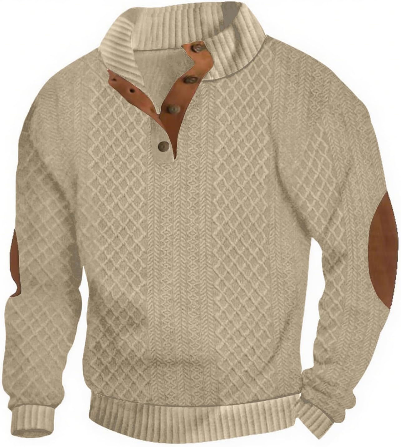 Lexiart Mens Casual Knitted Pullover Sweater Long Sleeve Stand Collar Vintage Button Sweaters with Elbow Patches