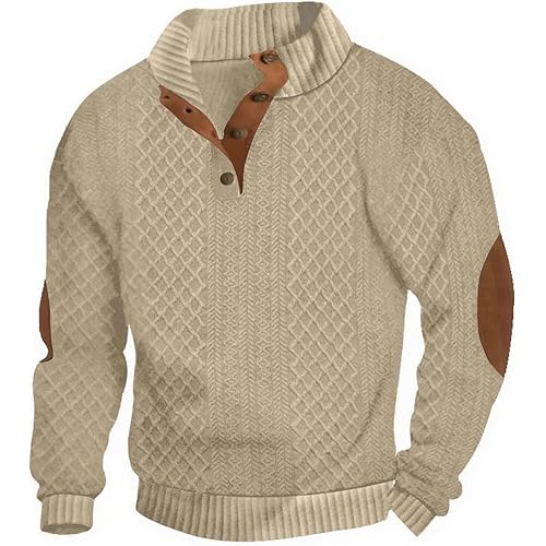 Lexiart Mens Casual Knitted Pullover Sweater Long Sleeve Stand Collar Vintage Button Sweaters with Elbow Patches