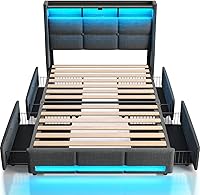 Rolanstar Twin Bed Frame with RGB LED Lights, USB Charging Station, 4 Storage Drawers, Upholstered Linen, 900lbs Capacity