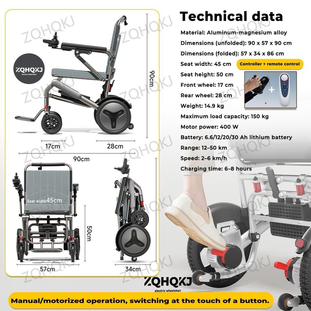 Silla de ruedas eléctrica plegable, ultraligera de 14,9 kg (sin batería), motor sin escobillas de 400 W, batería de litio extraíble de 12/20/30 Ah, alcance de hasta 50 km, control remoto