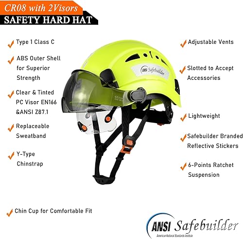 Miniatura 5 de Casco de seguridad industrial con visera incorporada, casco duro ABS con visera ajustable, protección para la cabeza de construcción, ANSI Z89.1