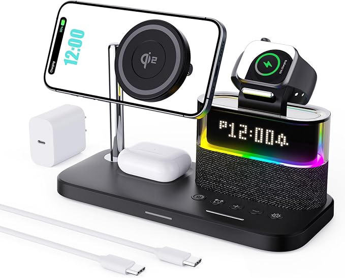 Cargador inalámbrico 5 en 1 con Despertador, estación de Carga con luz Nocturna compatibile con iPhone 17 16 15 14 13 12 Pro MAX, Apple Watch y Auriculares con Carga inalámbrica, Adaptador de 33W