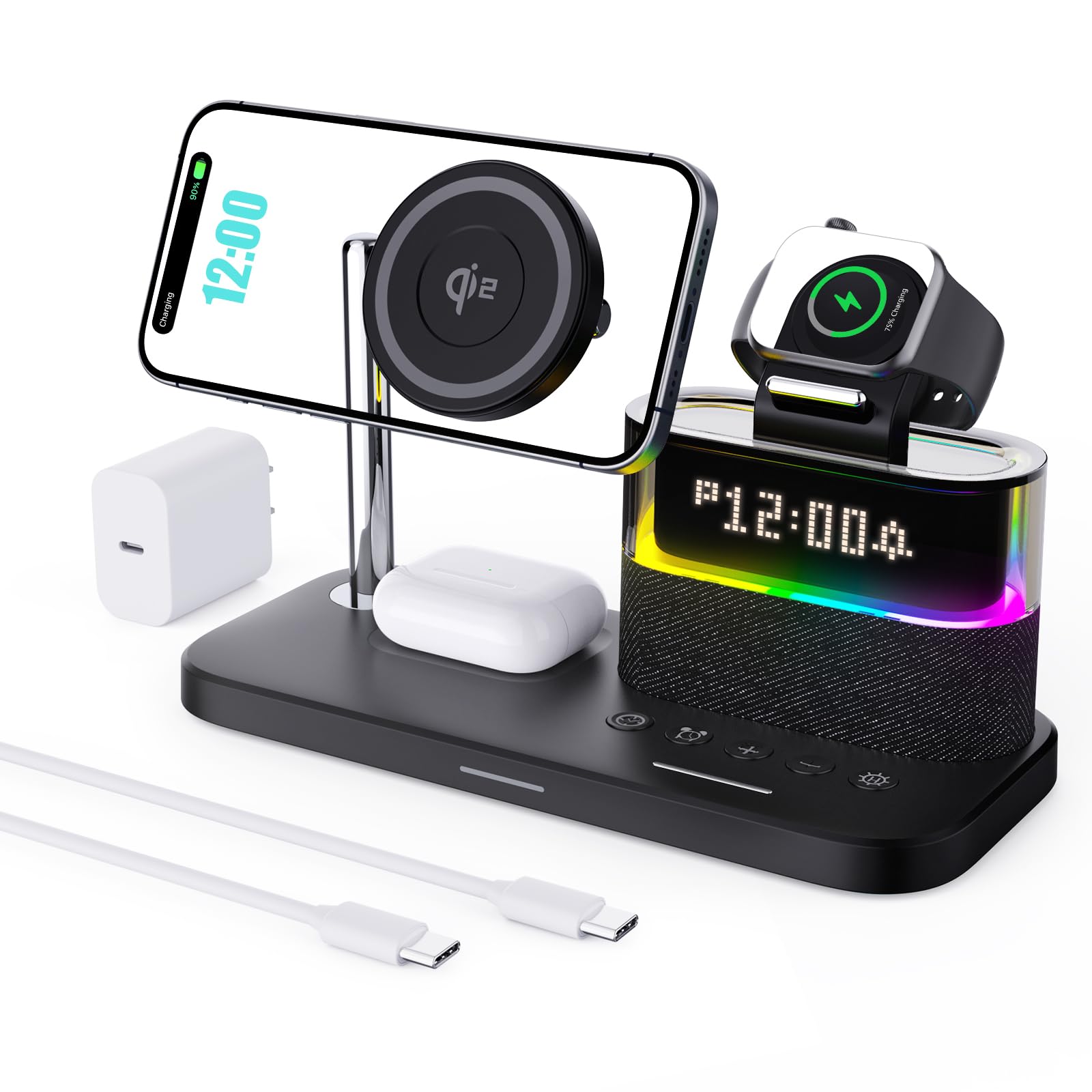 Chargeur sans Fil, 5 en 1 Station de Charge Compatible avec Apple, Reveil Chargeur - Guide 360