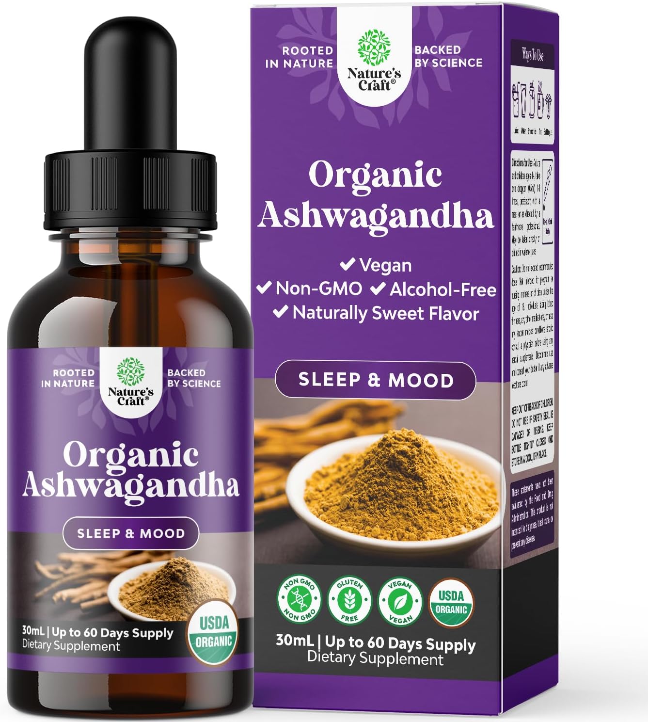 USDA Organic Ashwagandha Liquid Drops - Ashwagandha Root Extract for Stress and Mood Support - Delicious Pure Adaptogen Drops for Adults - Alcohol-Free Herbal Tinctures for Rest - 1 Fl Oz