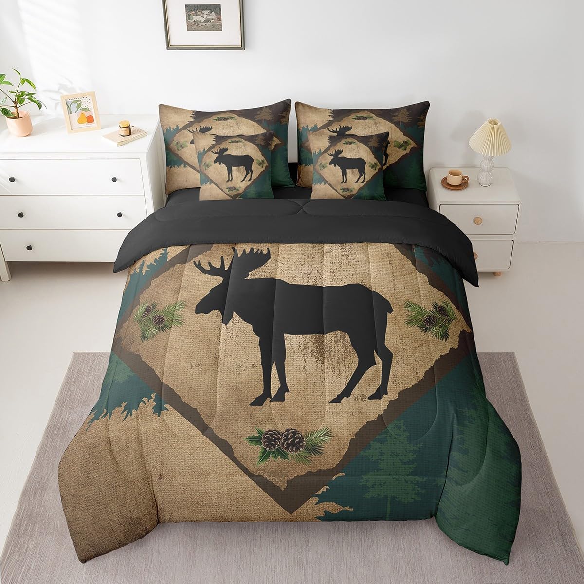 Homewish Lodge Cabin Queen Size Bedding Set 7 Pcs Wild Deer Antlers Outdoor Animal Comforter Set for Kids Teens Adults All Season (Comforter,Flat Sheet,Fitted Sheet,2 Pillowcases,2 Pillow Covers)