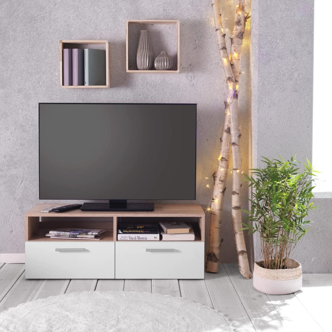 TV Lowboard Fernsehschrank Fernsehtisch Board Bank Rack | Dekor | Braun | Weiß | Holzoptik | Eiche Sonoma | 2 Fächer | 2 Klappen | BxHxT: 95x35x36 cm