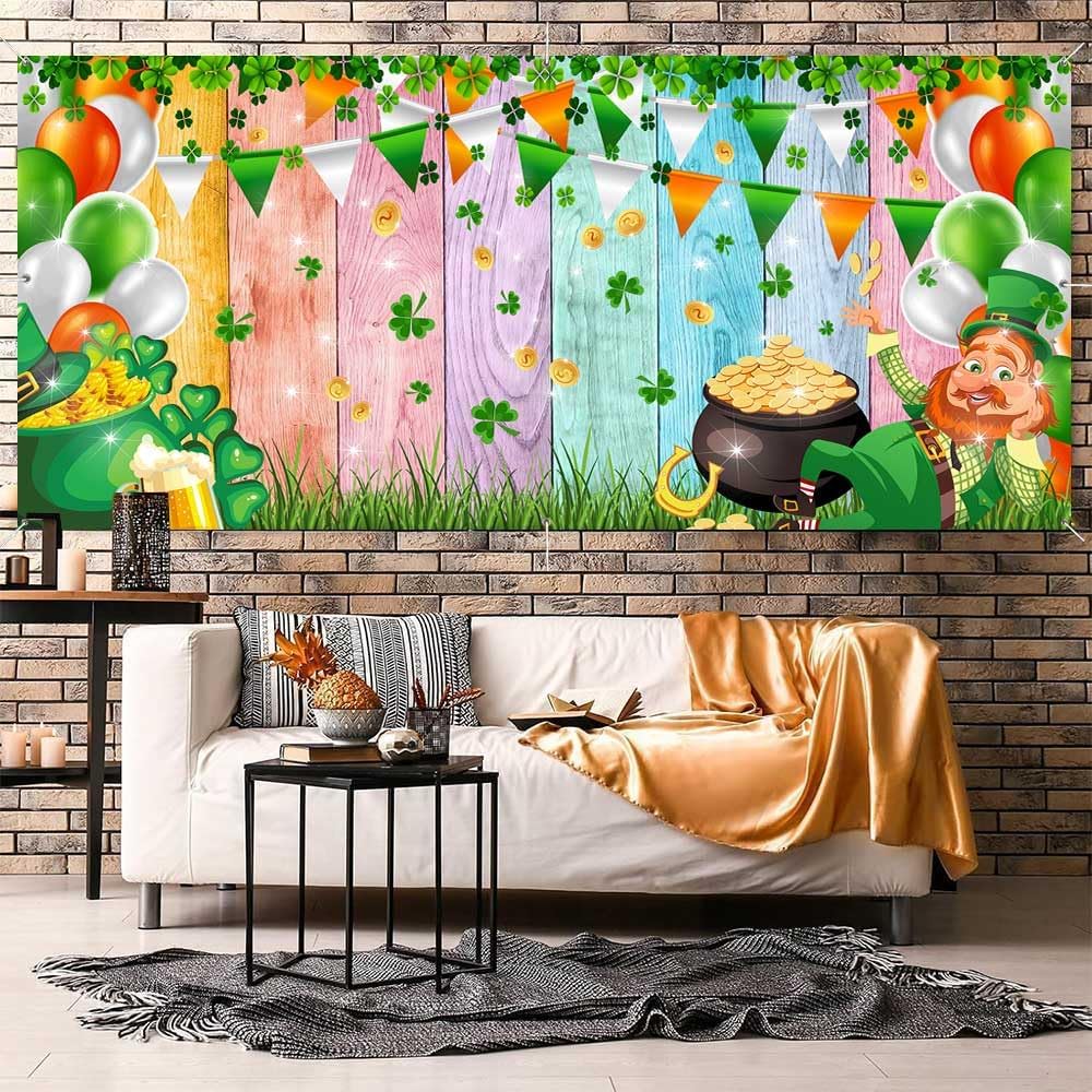 St Patricks Day Garage Door Cover 13 x 6 ft, Lucky Shamrock Green Clover Garage Door Banner, Easter Colorful Wood Board Irish Garage Door Decoration Wall Background