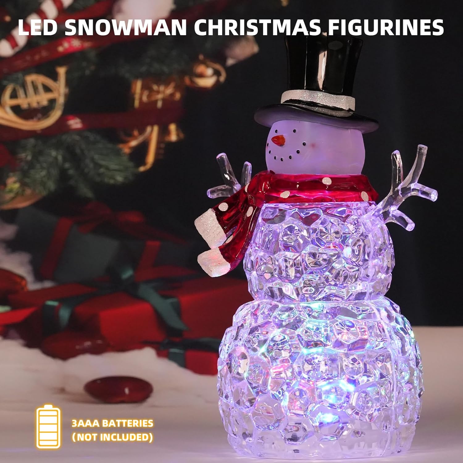 Christmas Table Decorations 9" Lighted Christmas Snowman Figurines Battery Operated Acrylic Snowman Xmas Gifts Festive Tabletop Ornaments, with Black Hat, Scarf