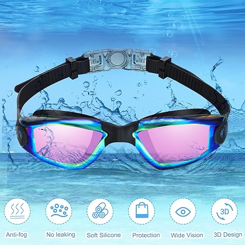 Miniatura 8 de Konohan Paquete de 8 gafas de natación sin fugas para adultos, protección UV, gafas de piscina con clip para la nariz Color novedoso,Bright