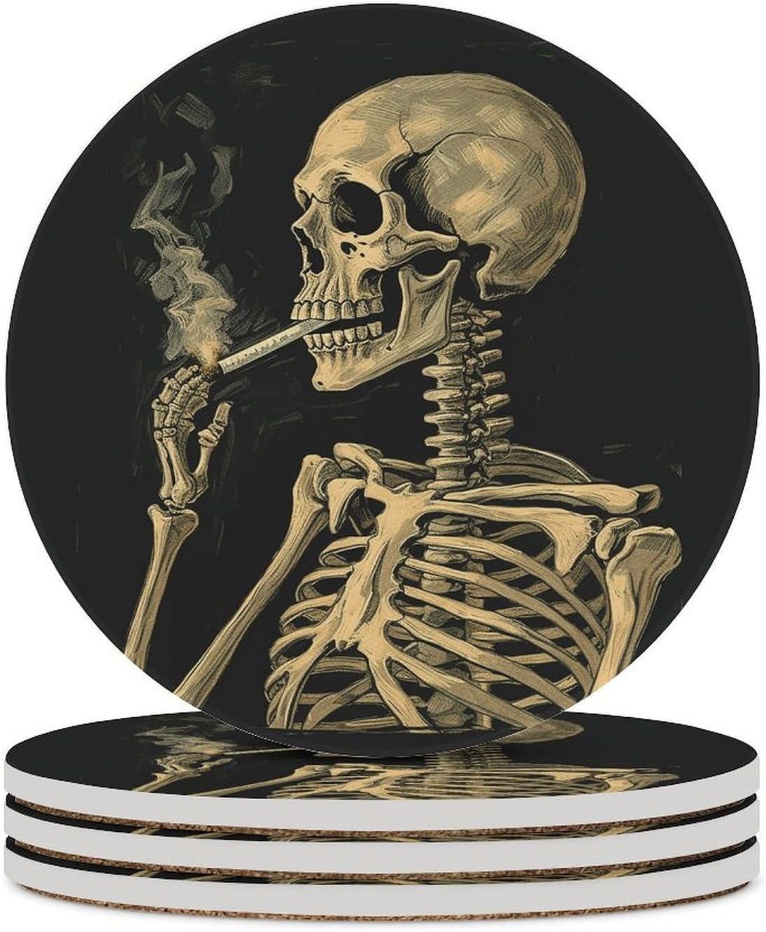 A Skeleton with Burning Cigarette Coaster with Cork Base Drink Coasters for Coffee Table Decor Modern Cup Coasters with Non-Slip & Heat-Resistant Cute Ceramic Table Coaster for Home Dining