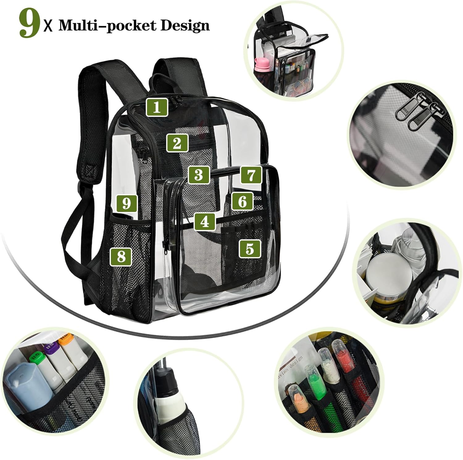 Clear Backpacks for School Large Clear Bookbag with Multi-Pockets PVC Transparent Backpack for College,Work,Red - Image 3