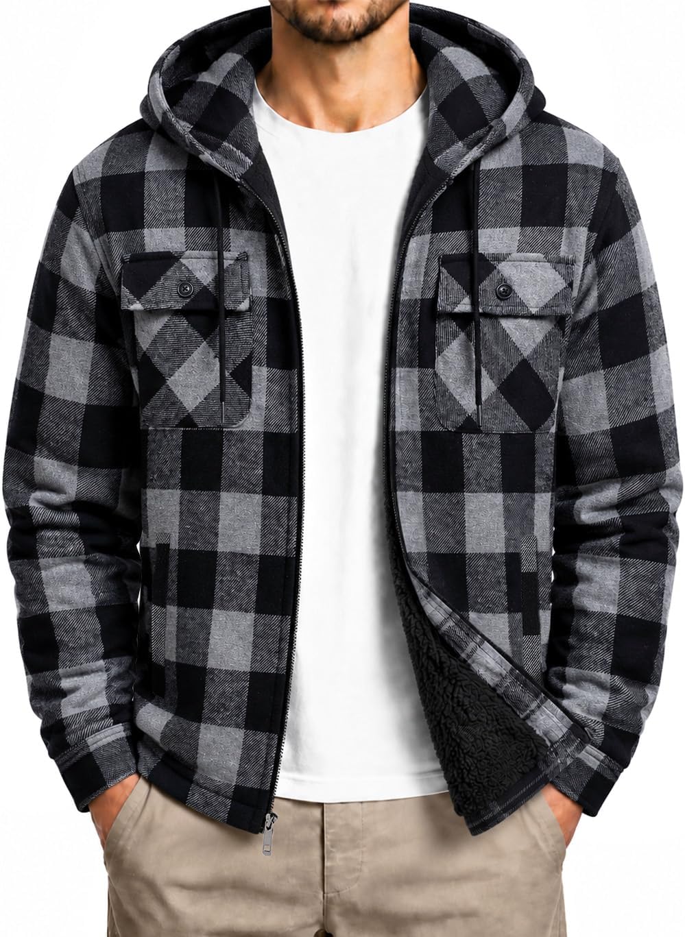 SCODI Mens Flannel Hooded Jacket Fleece Sherpa Lined Zip Up Plaid Hoodies