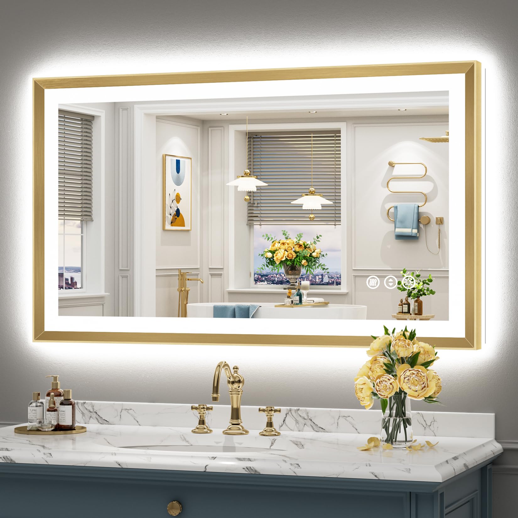 48x28 Gold Beveled LED Lighted Bathroom Mirror, Backlit &amp; Front Lit