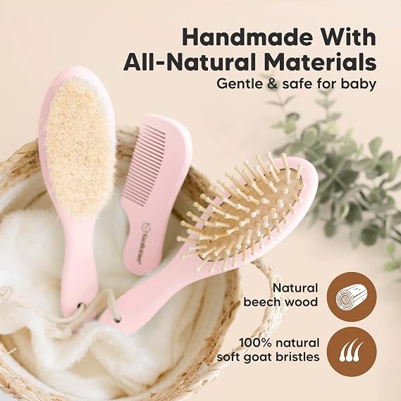 Wooden Baby Hair Brush Set for Newborns, Toddler Comb (Blush, Regular) | Soft Goat Bristle, Baby Brush and Comb Set, Infant Grooming Kit, Cradle Cap Care, Durable & Gentle, Boy, Girl Bath Essential