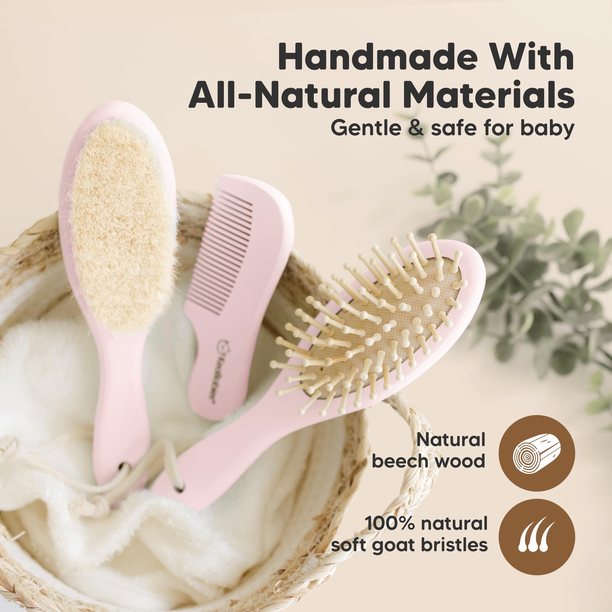 Set di spazzole per capelli in legno con setole di capra morbida, set di spazzole per neonati, pennello per neonati e set di pettini ragazza, ragazzo, pennello per culle bambino (Oval, Blush)