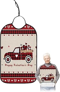 BOBOWUNY Valentine Day Adult Bibs for Elder Women Men Eating, Red Checkered Truck with Love Heart Waterproof & Washable Bibs for Eating Clothing Protector Dining Bibs for Crumb Catcher
