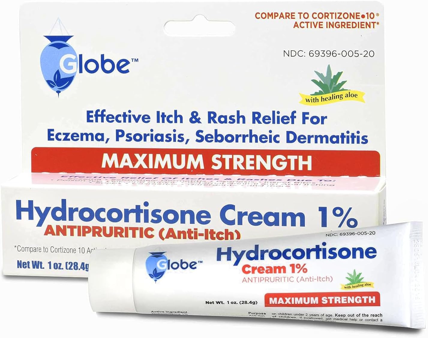 Globe Hydrocortisone Maximum Strength Cream 1% with Aloe, USP 1oz (Compare to Cortizone-10) 1 Tube