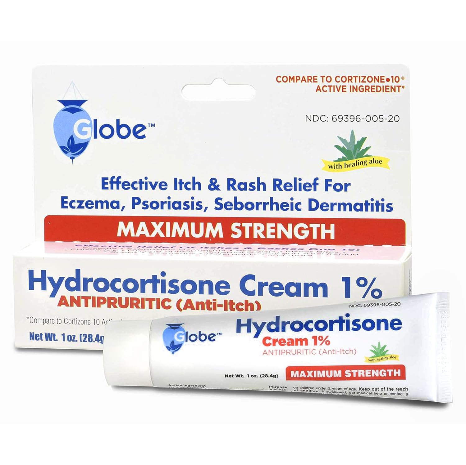 Globe Hydrocortisone Maximum Strength Cream 1% w/ Aloe, Anti-Itch Cream for Redness, Swelling, Iching, Rash & Dermatitis, Bug/Mosquito Bites, Eczema, Hemorrhoids & More