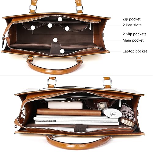 Miniatura 10 de BROMEN Maletín de cuero para mujer 15.6 pulgadas Vintage Laptop Shoulder Bag Business Tote Bolso de trabajo