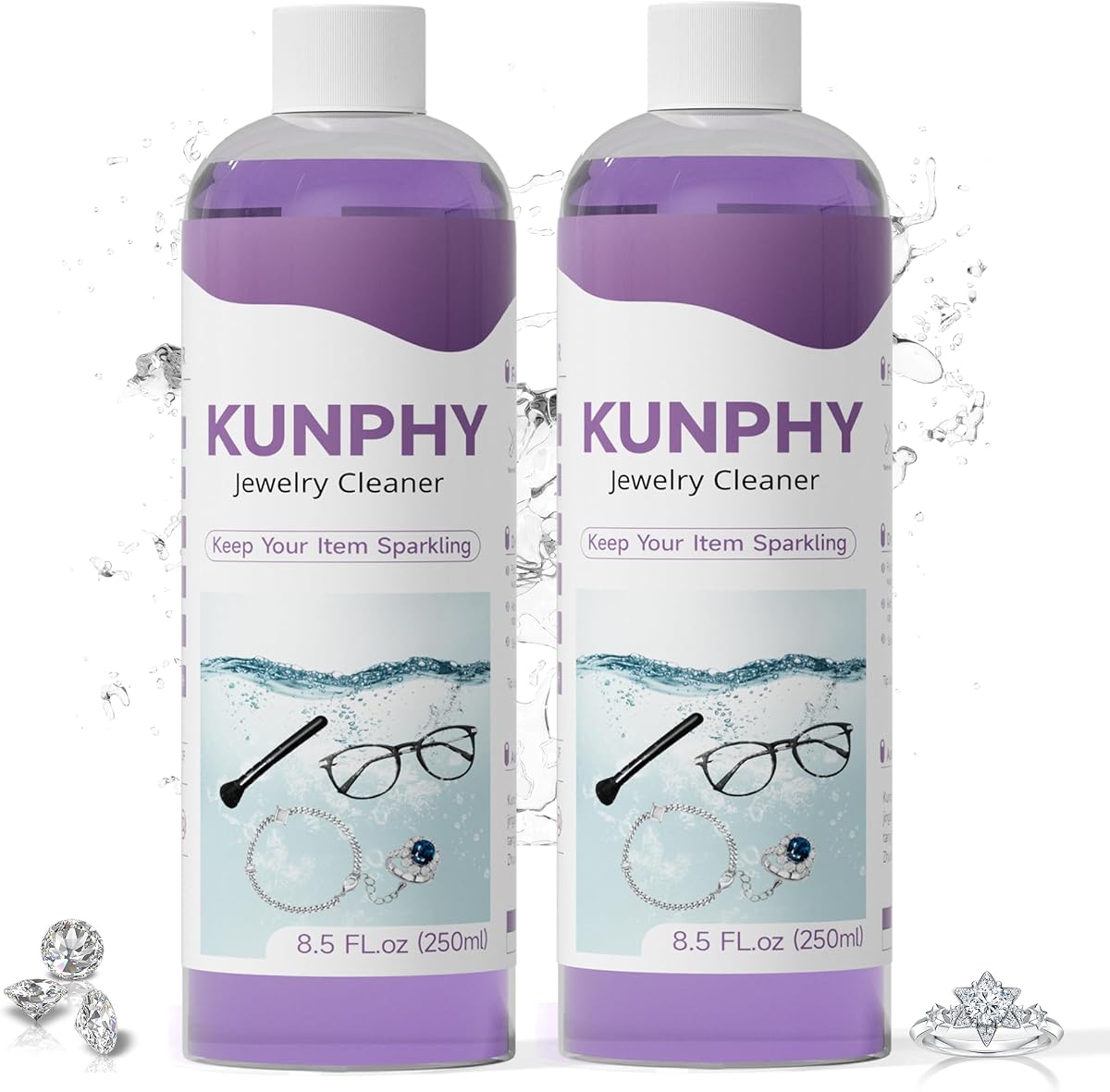 Upgraded KUNPHY Jewelry Cleaner, Professional Jewelry Cleaner Solution | 8.5 Oz * 2 Packs, Multi-Purpose for Silver, Gold, Diamonds, Eyeglasses and All Ultrasonic Cleaners