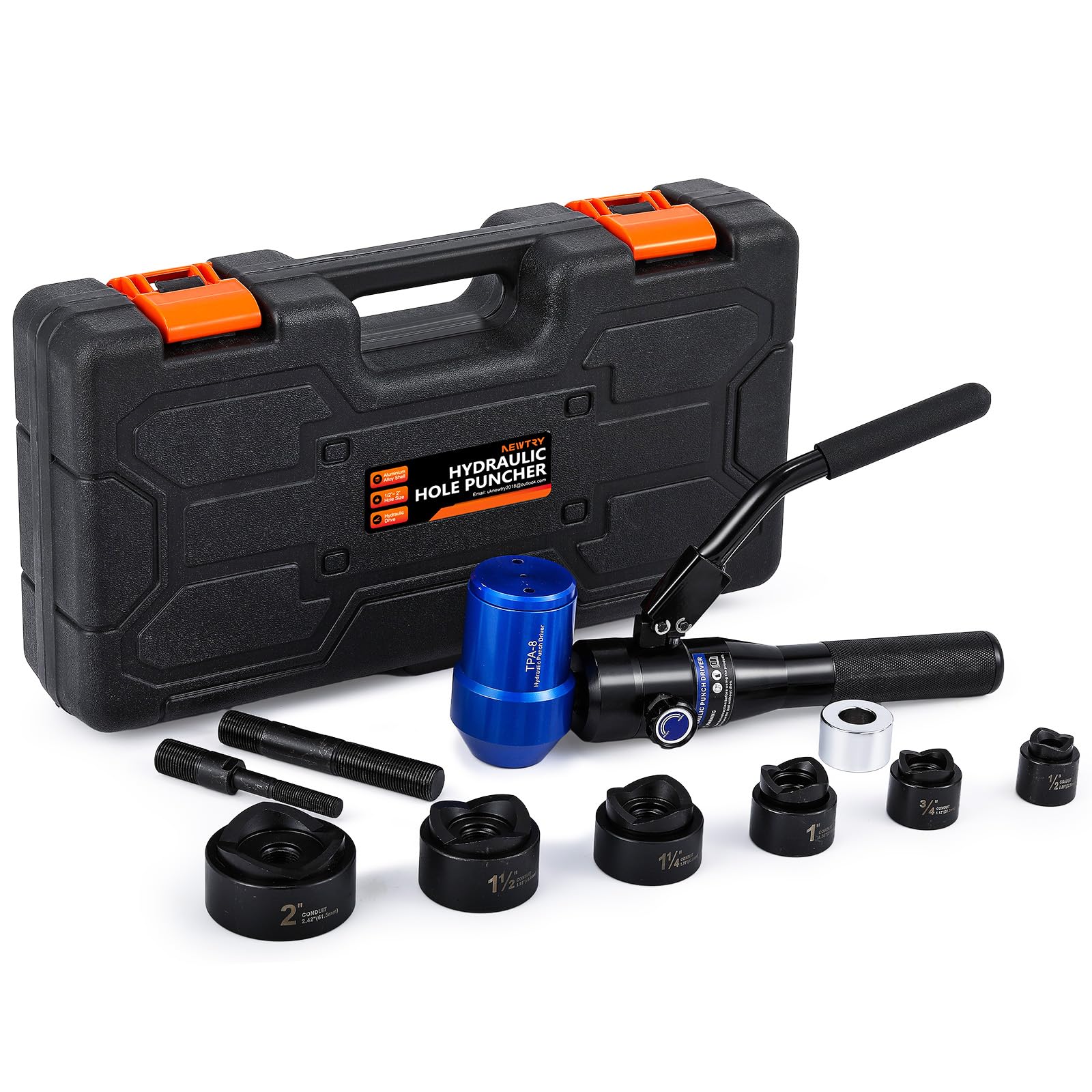 NEWTRY Kit de perforación hidráulica universal de 360 grados 1/2" a 2" (22,5 mm a 61,5 mm) máx. 80KN Perforadora profesional para metal para gabinete eléctrico plomería TPA-8