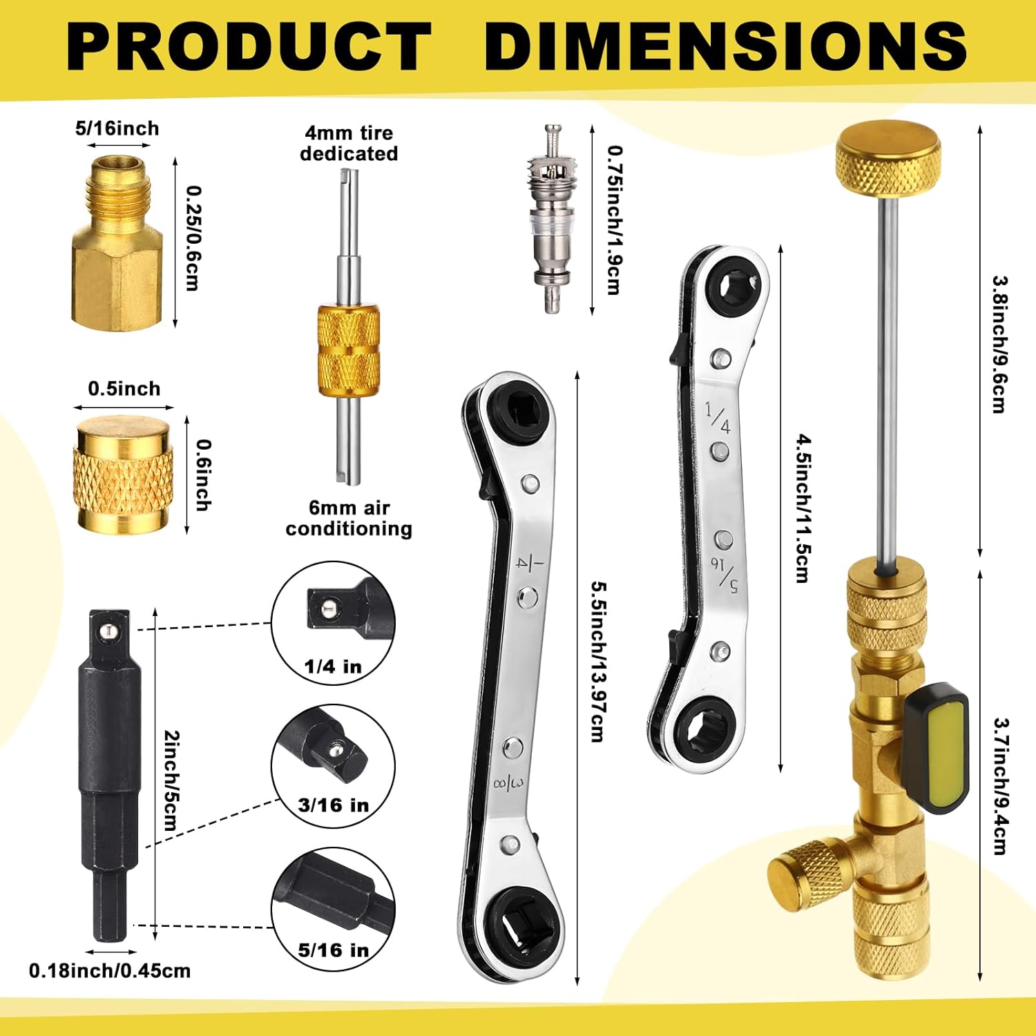 Yaomiao Valve Core Remover Installer Tool with Repair Wrench Set 3/8 1/4 5/16 3/16 Port with Hex Bit Adapter and Valve Core Magnetic Tool Set 15/10/3.5/1.5lb Pick up Rod and Inspection Mirror
