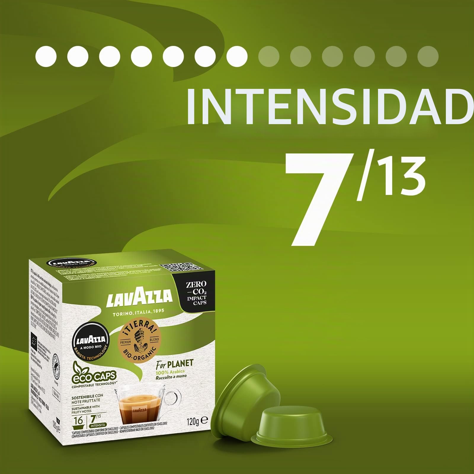 Lavazza, A Modo Mio - Máquina de café Tiny Eco verde con 64 cápsulas ¡Tierra! Surtidas, cafetera expreso de plástico reciclado, 1450 W, 220-240 V, 50/60 Hz, 0,6 litros