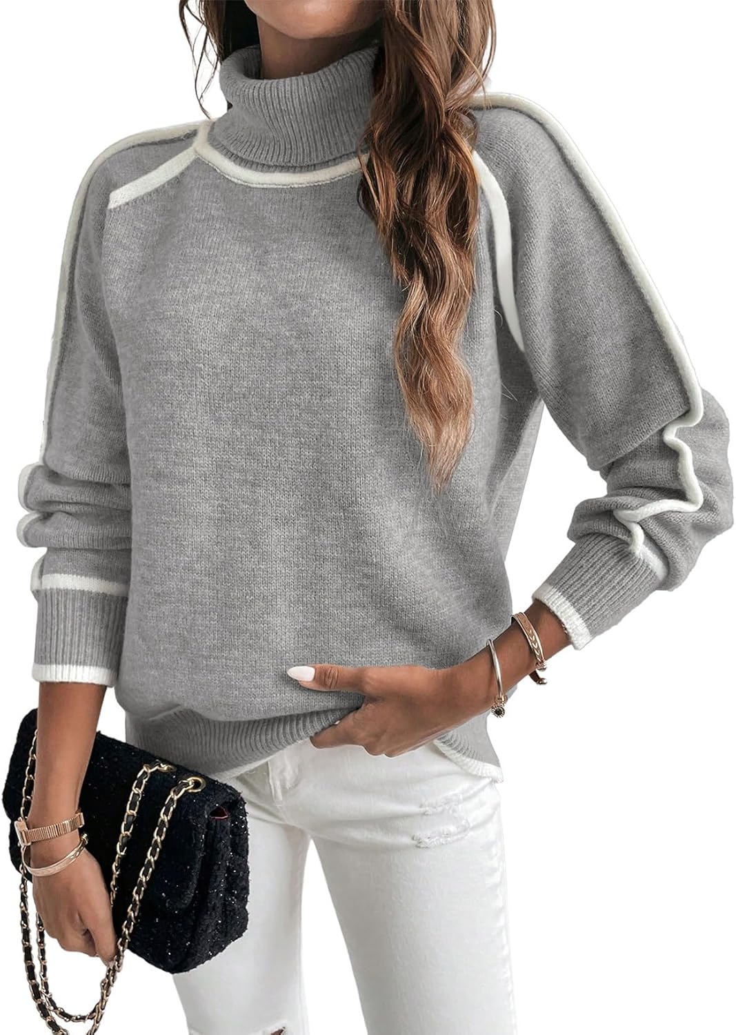 EVALESS Fall Sweaters for Women Trendy 2025 Cute Cozy Turtleneck Long Sleeve Colorblock Knitted Pullover Tops - Image 3