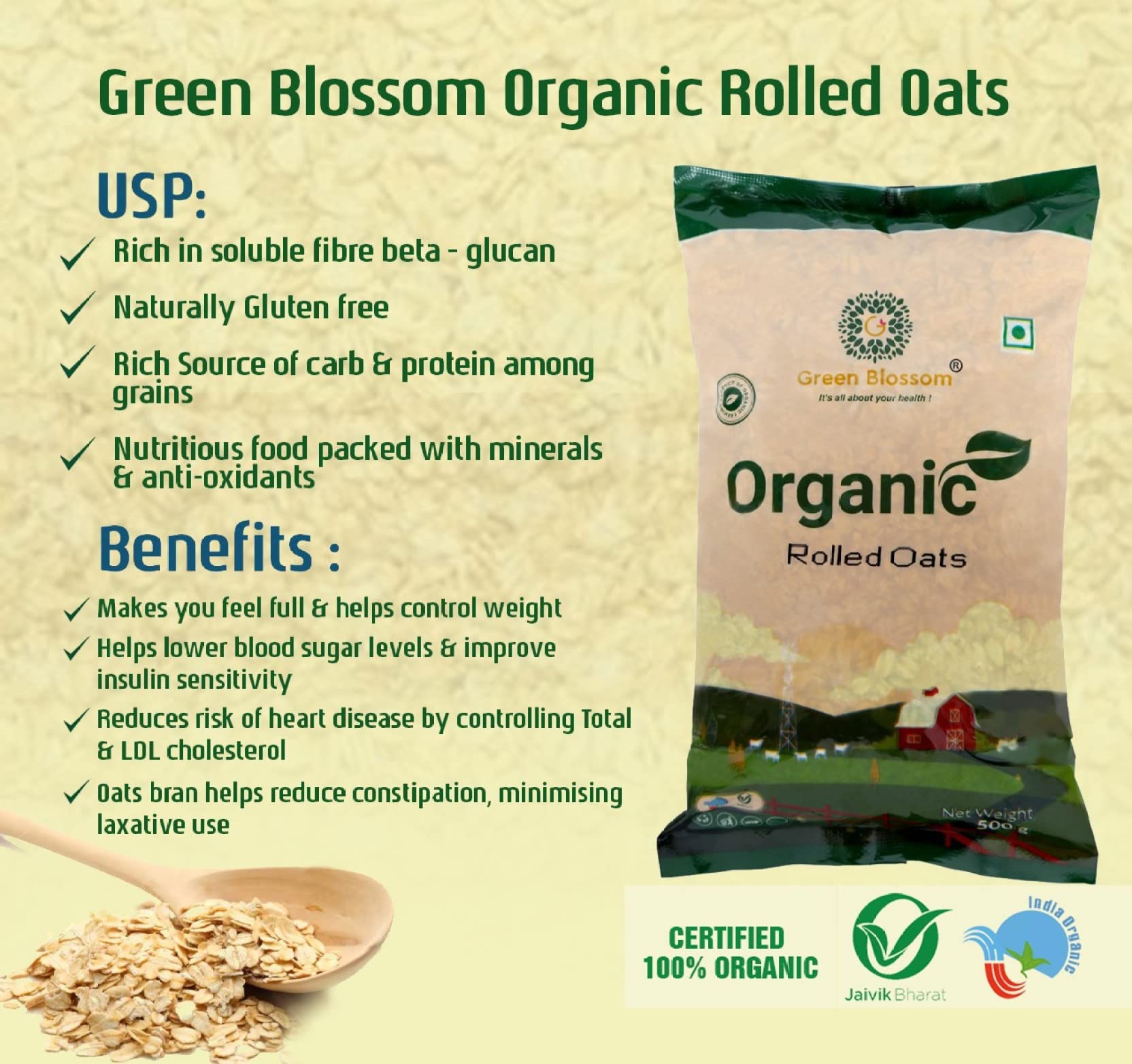 Green Blossom Organic Rolled Oats and Organic Chana Dal - 5 Kg | Combo of 2 2