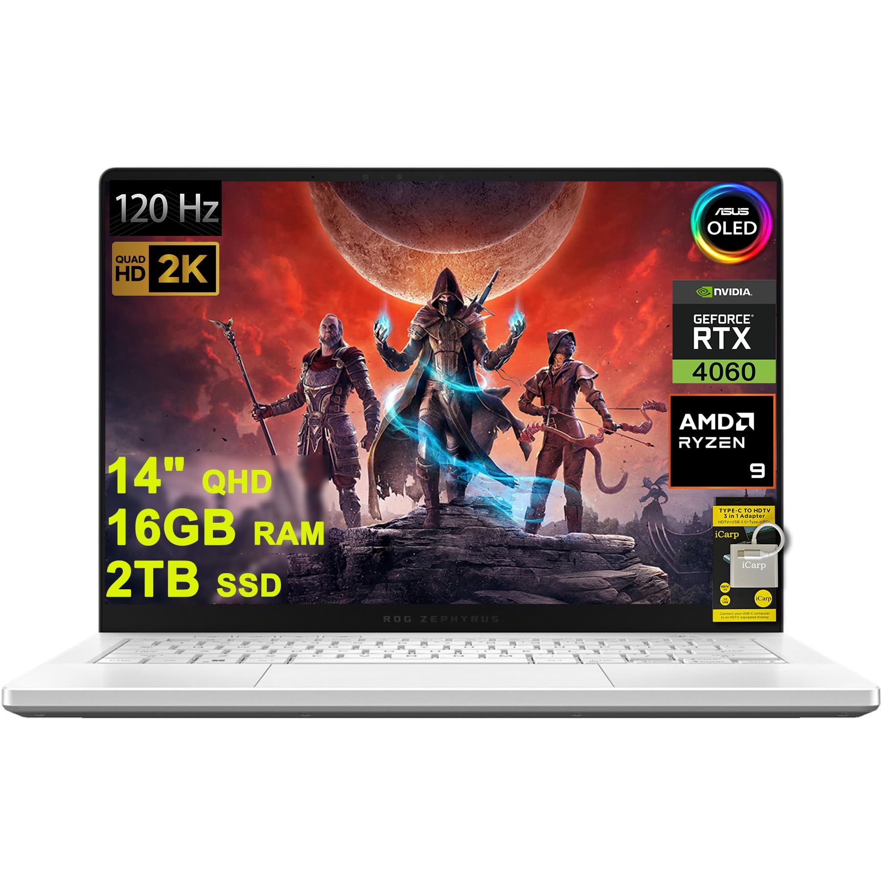 ASUS ROG Zephyrus G14 Gaming Laptop 14" QHD OLED 120Hz (100% DCI-P3) AMD Octa-Core Zen 4 Ryzen 9 8945HS (>i9-12900H) 16GB RAM 2TB SSD GeForce RTX 4060 8GB Graphic Backlit USB4 Win11 w/ICP Accessory