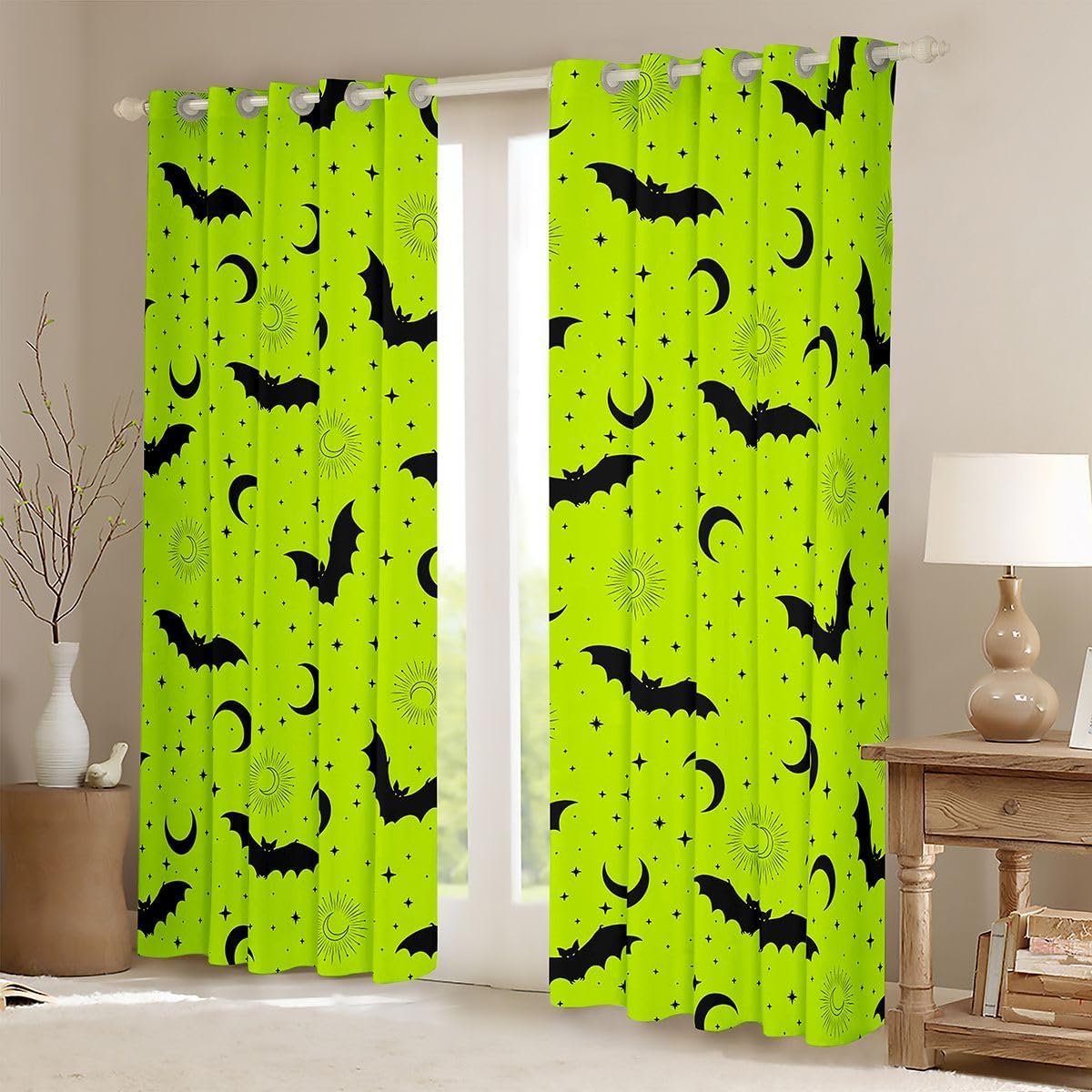 Castle Fairy Gothic Bats Blackout Curtains Halloween Bat Black Moon Star Window Drapes,Black and Green Window Treatments,Kids Boys Girls Room Decor,Grommet Top 2 Panel Set Curtains, 38Wx54L inch