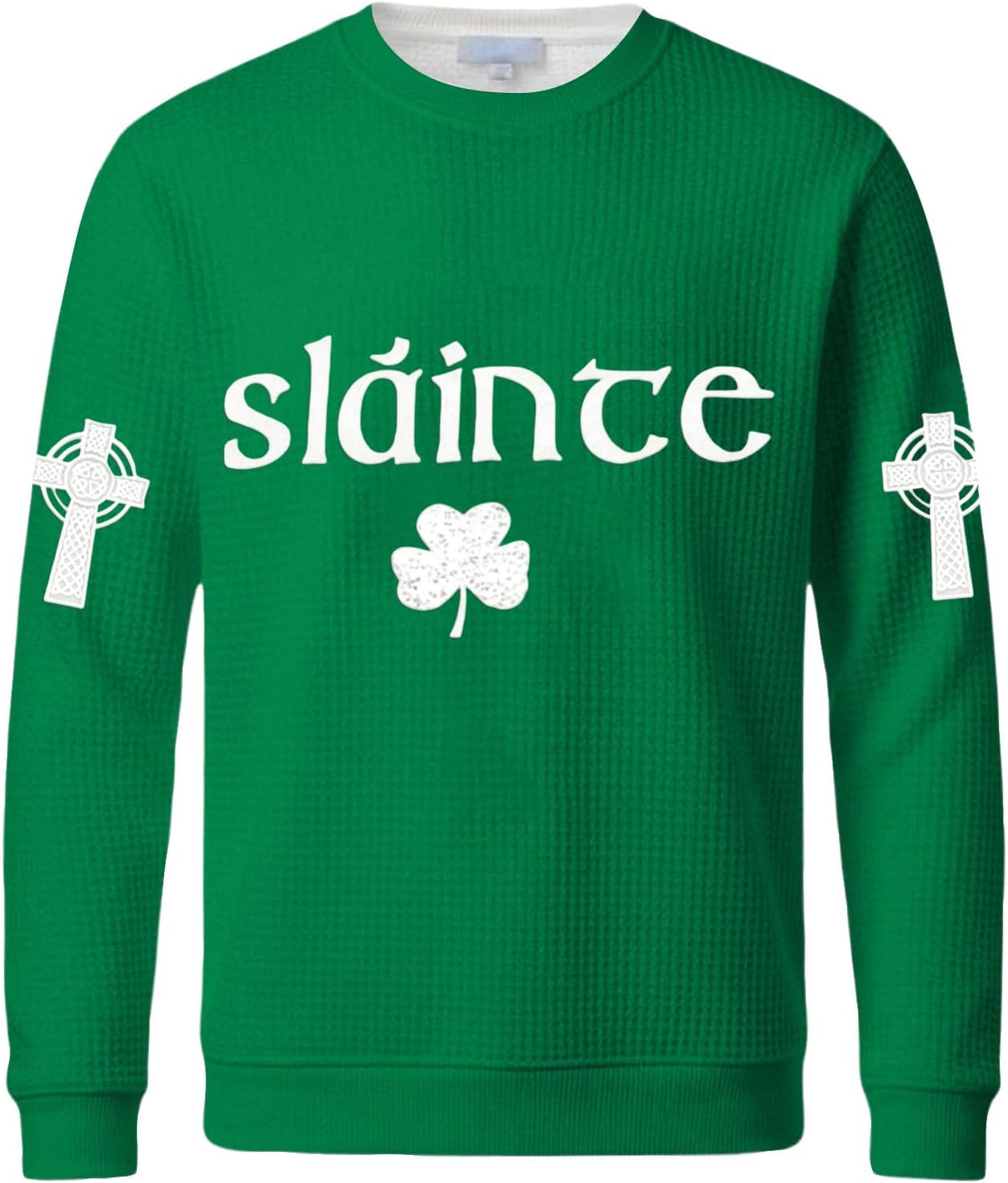 St Patricks Day Shirt for Men,Green Waffle Crewneck Sweatshirt with Shamrock and Sleeve Emblem - Image 4