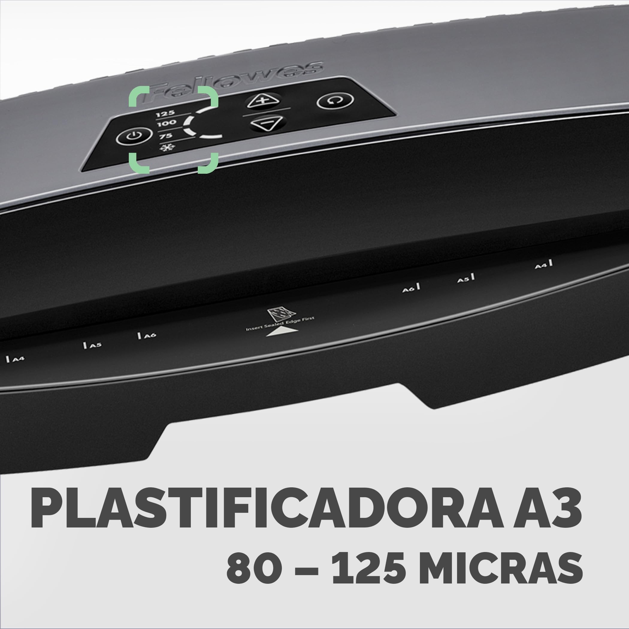 Fellowes Plastificadora A3 Calibre para pequeñas oficinas,1 minuto de calentamiento con apagado automático y modo de reposo, 80-125 micras, Incluye 10 fundas de plastificación A4, Negro