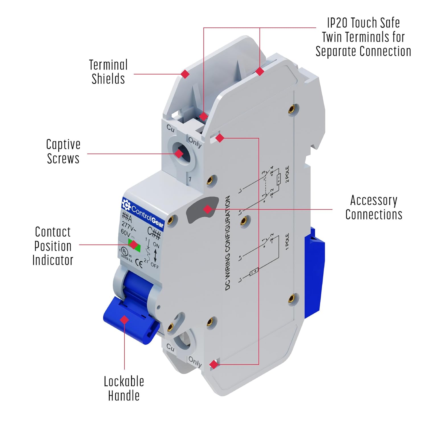Mini Circuit Breaker UL489 Listed 0.5A C Curve 277VAC 60VDC 10kAIC DIN Rail Mount Non Polarized MCB Branch Circuit Protection, ControlGear CGMB1CXY (1 Pole C Trip 0.5 Amp)