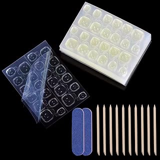 Nail Adhesive Tabs Set, 460 Pcs Waterproof Breathable Nail Adhesive Jelly Tabs with 10 Pcs Wooden Sticks and 2 Pcs Nail Files, Transparent Fake Nail Glue Stickers for False Nail Tips, DIY Nail Art Accessories (10 Sheets Large and 10 Sheets Small)