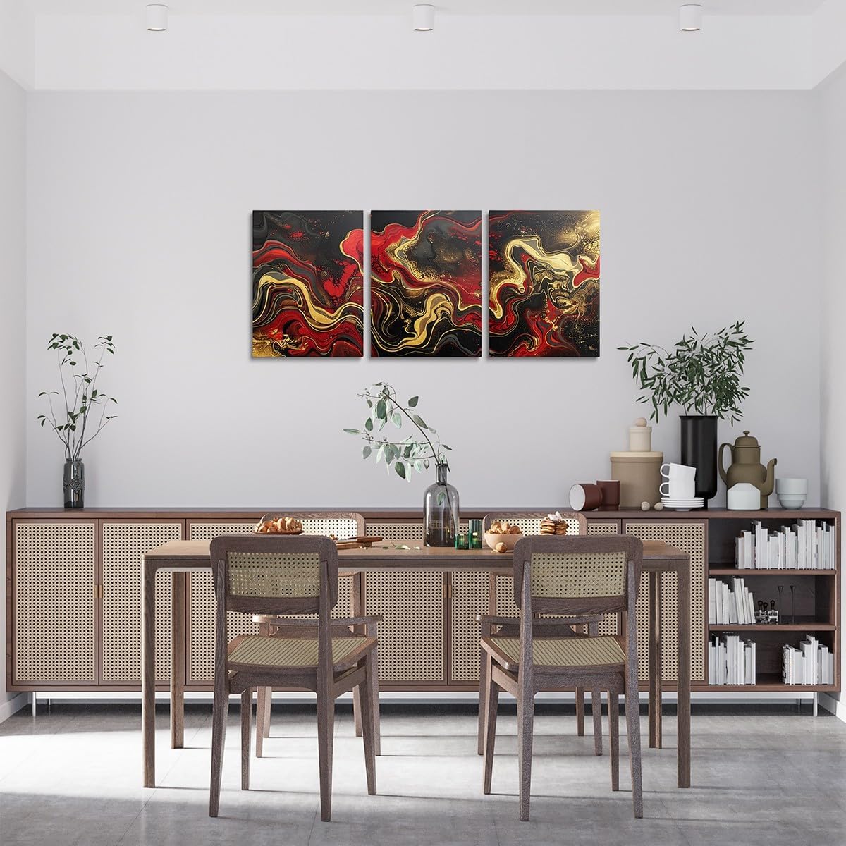 Marble Print Canvas Wall Artwork Decor,Gold Marbling Geometric Stripes Wall Painting for Girls Women,Artwork Abstract Stone Poster Pictures,Red Black Bright 3 Pieces Framed Canvas Wall Art Red Black Golden