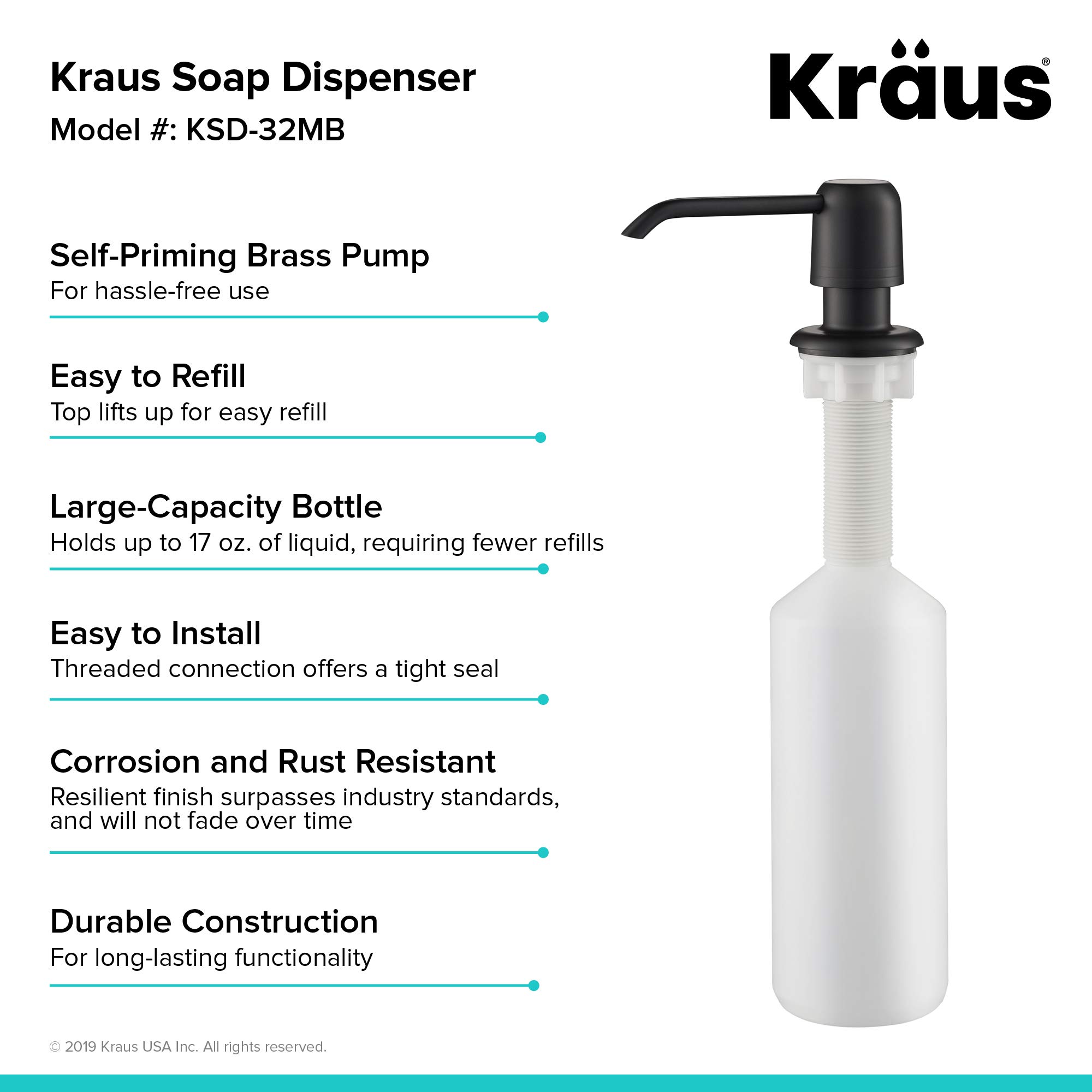 KRAUS Dispenser per sapone o lozioni da cucina con bottiglia di grande capacità da 500 ml e pompa in ottone, nero opaco