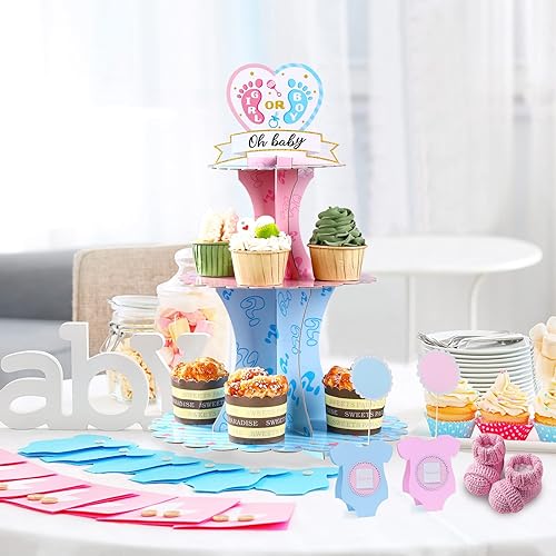 Miniatura 6 de Decoración de soporte para cupcakes para fiesta de revelación de género, azul y rosa de 3 niveles para baby shower, suministros de cartón para niños