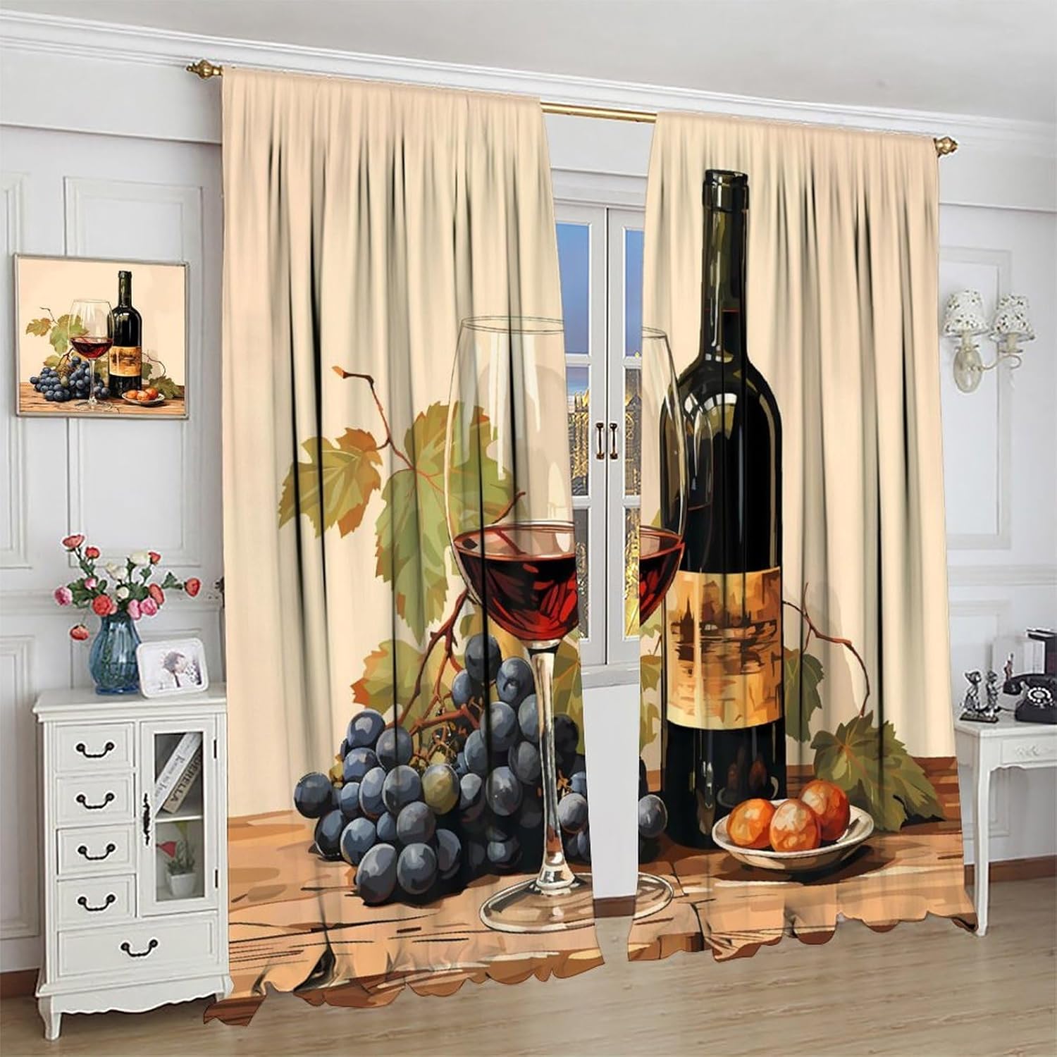 Rustic Red Wine Kitchen Curtains,Vintage Farmhouse Grape Glass Leaves Fruit Blackout Rod Pocket Window Treatments for Women Men Bedroom Living Restaurant Cafe Ofiice Drapes 42" W X 54" L