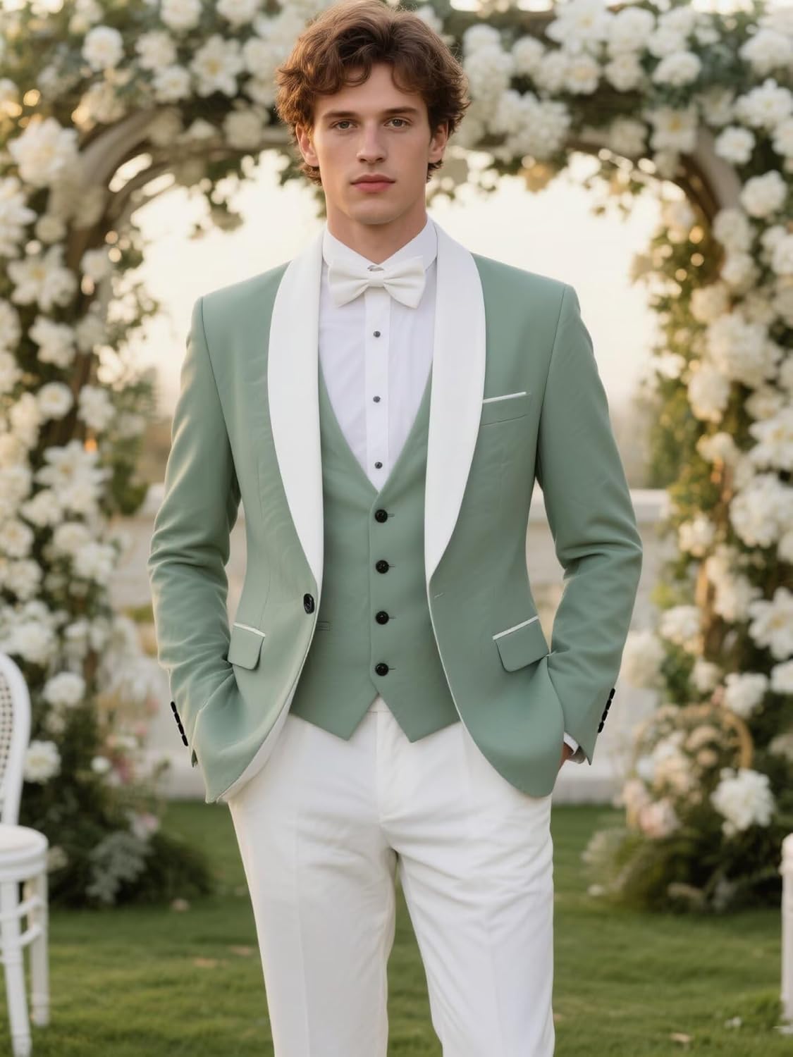Men Suits 3 Piece Wedding Slim Fit Tuxedo Suit Shawl Lapel Jacket Vest Pants Set with Bow Tie