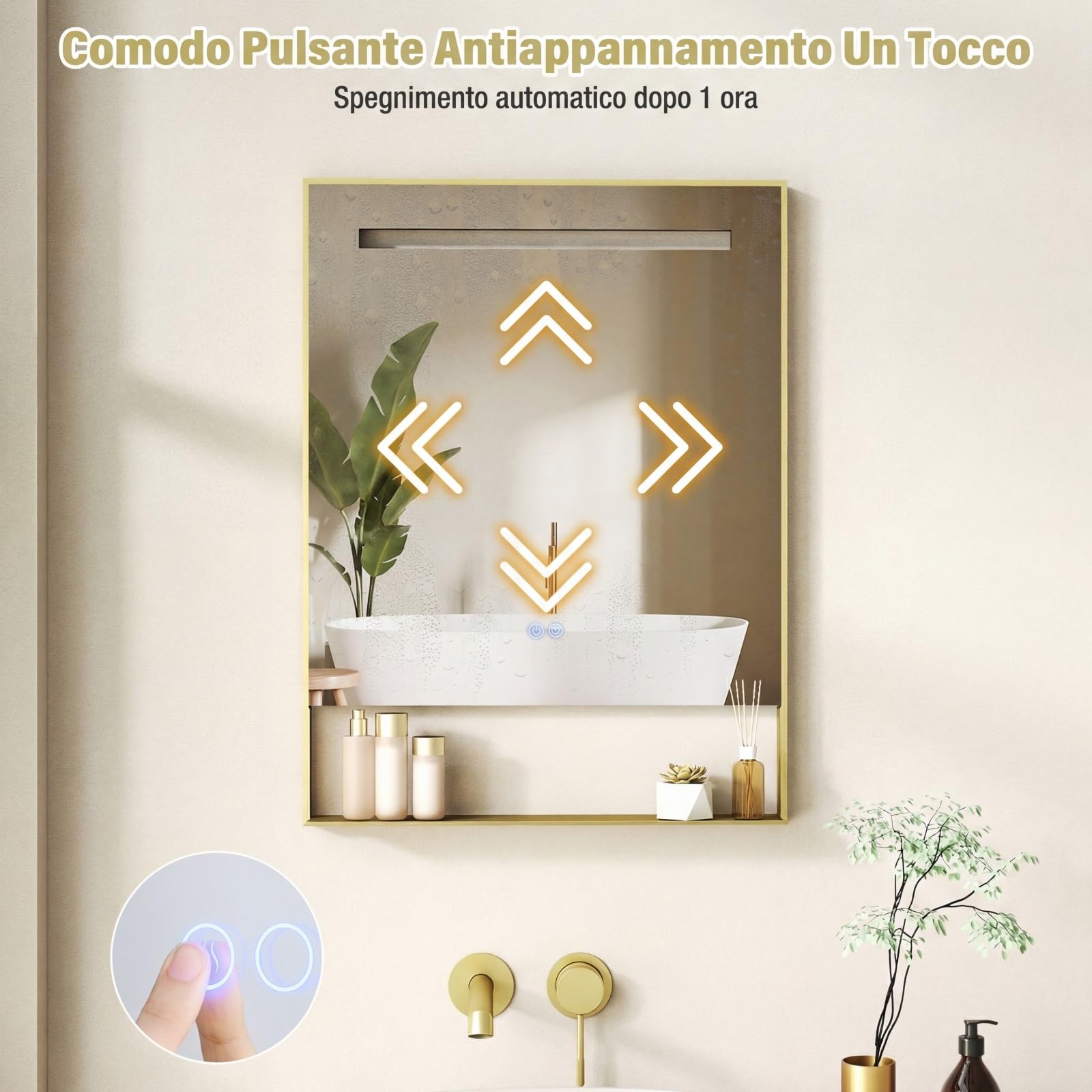 COSTWAY Specchio da Bagno LED 80x60 cm con Mensola e Cornice in Alluminio | Specchio da Trucco LED con Funzione Antiappannamento, 3 Colori di Luce e Luminosità Regolabile