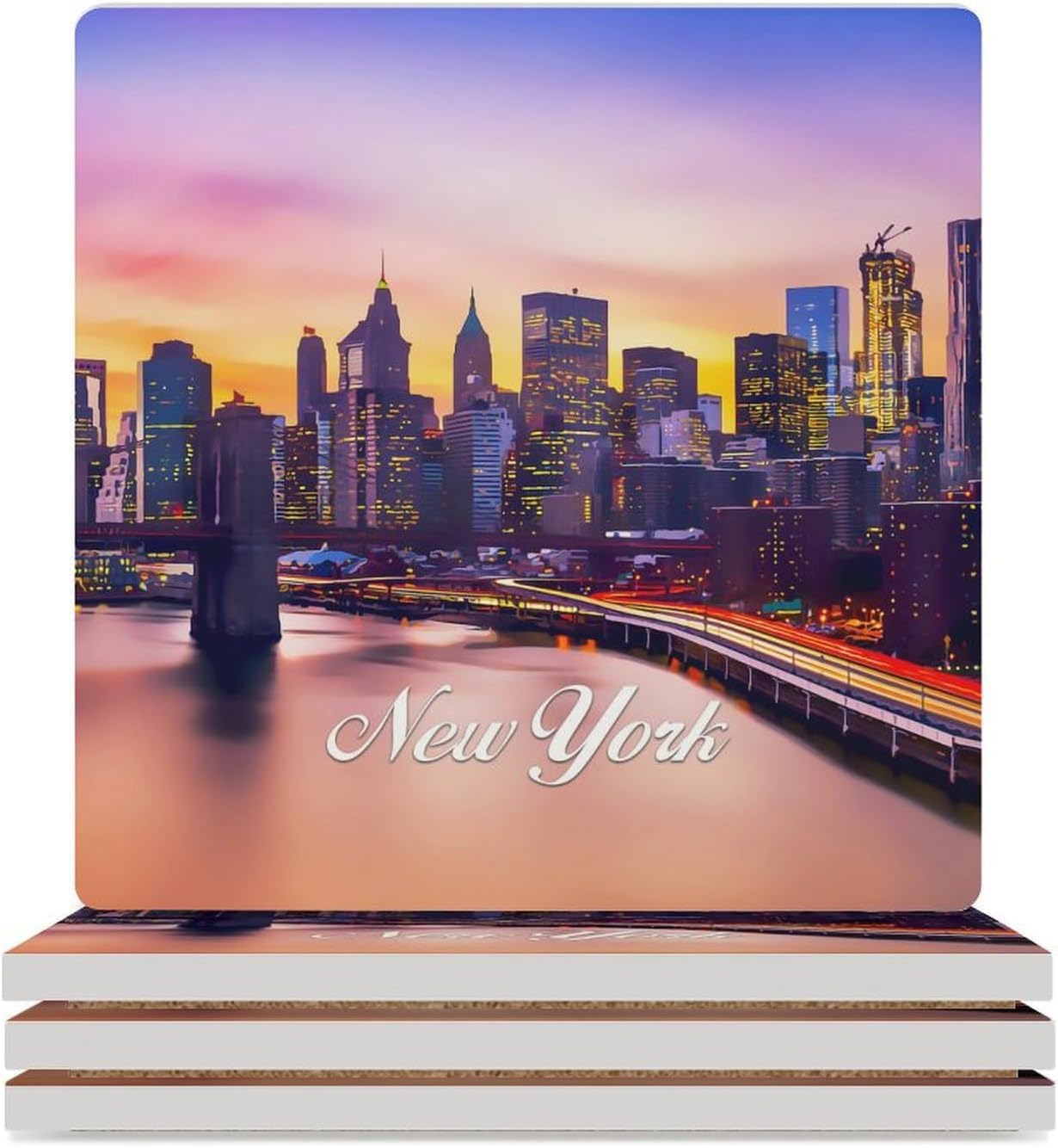American New York Ceramic Drink Coasters,New York City View Cork Base Coasters Ceramic Coffee Table Cork Coaster Set,Housewarming and Kitchen Gift, 6PCS