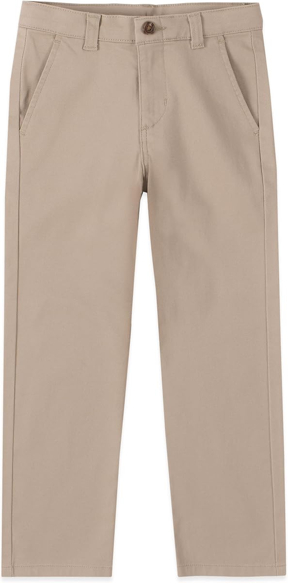 Izod Pantalones de sarga para uniforme escolar para niños, parte delantera plana y cintura cómoda con 5 bolsillos