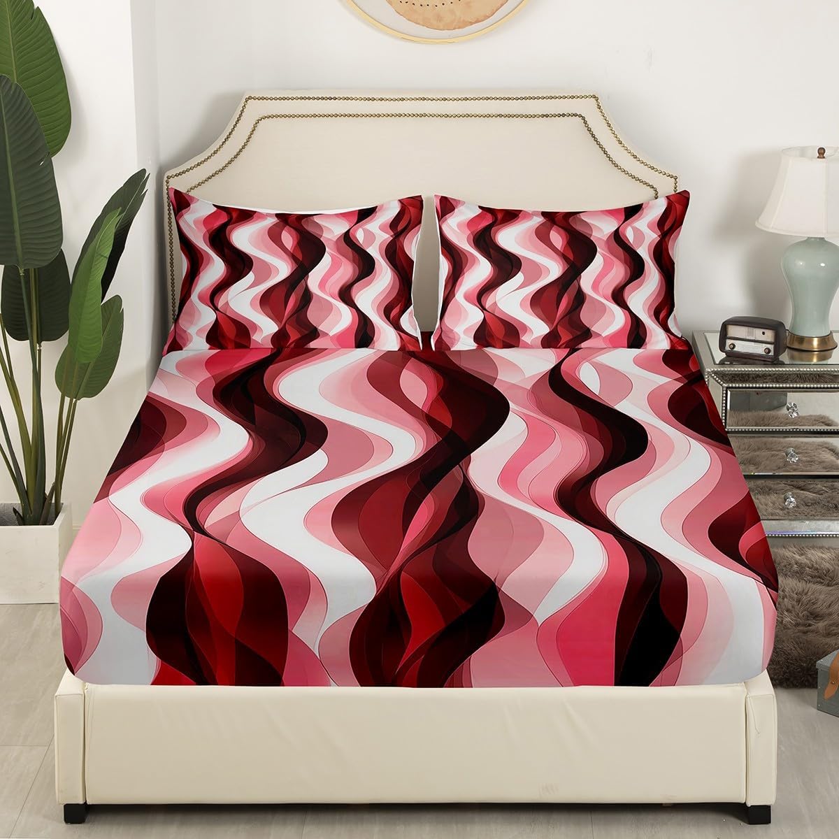 Erosebridal Red Black Striped Fitted Sheet Full Size,Modern Geometric Abstract Bed Sheets for Women Men,Minimalist Flowing Fluid Stripes Bedding Set,Minimalist Contemporary Ombre Sheets
