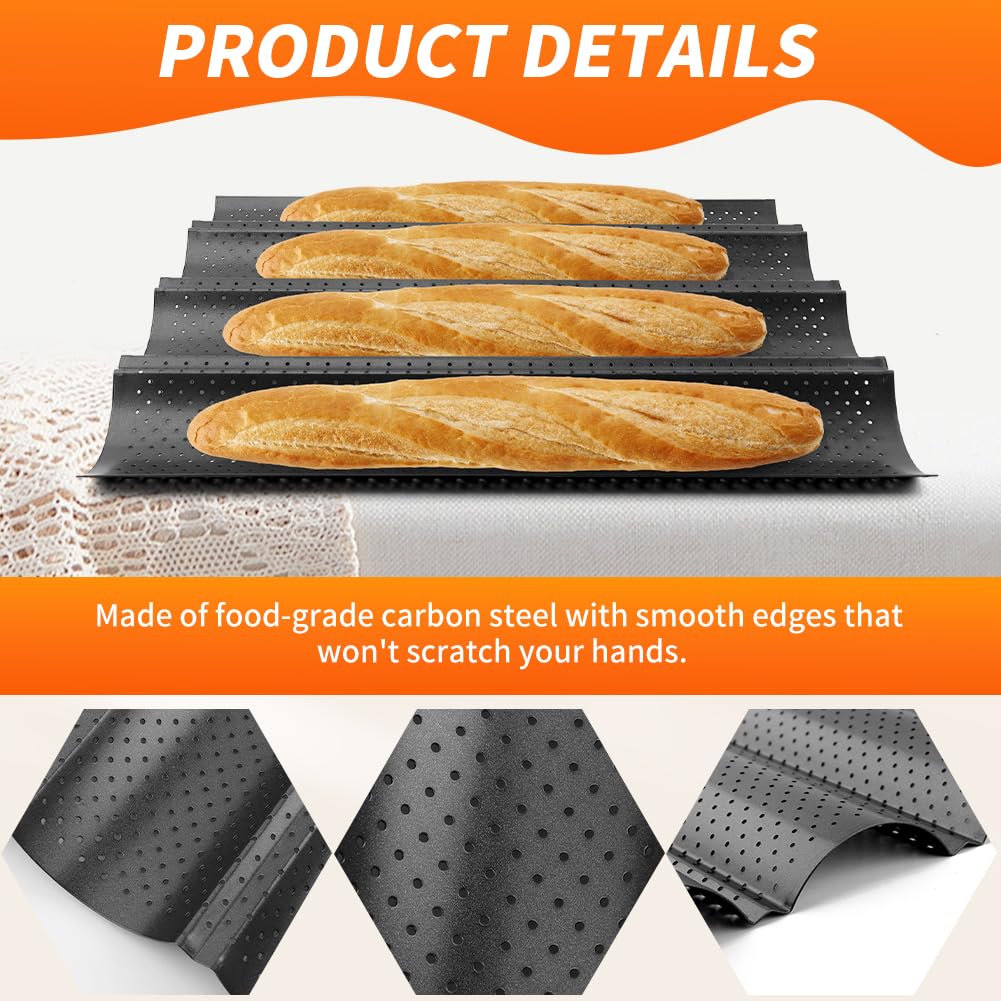 Juego de moldes para hornear baguette francés, 4 moldes perforados con paño de prueba y cortador de masa, kit completo de herramientas antiadherentes para hornear pan casero, pan italiano, 15 x