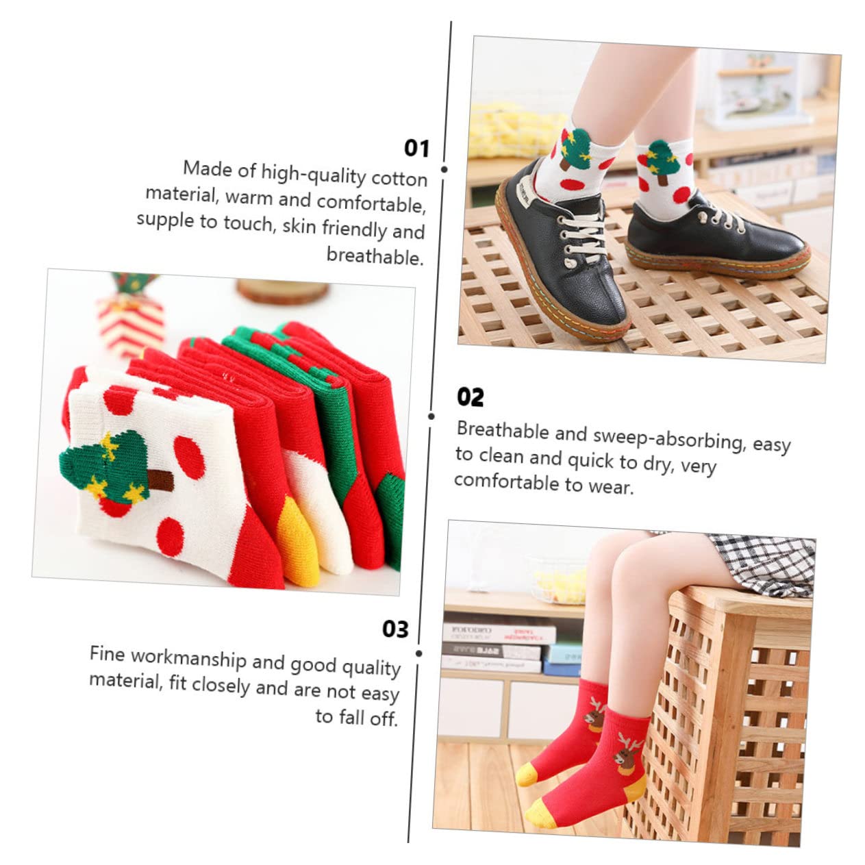 5paires Chaussettes de Noël Garçon Fille -Mollet Coton Doux et Respirant pour Hiver