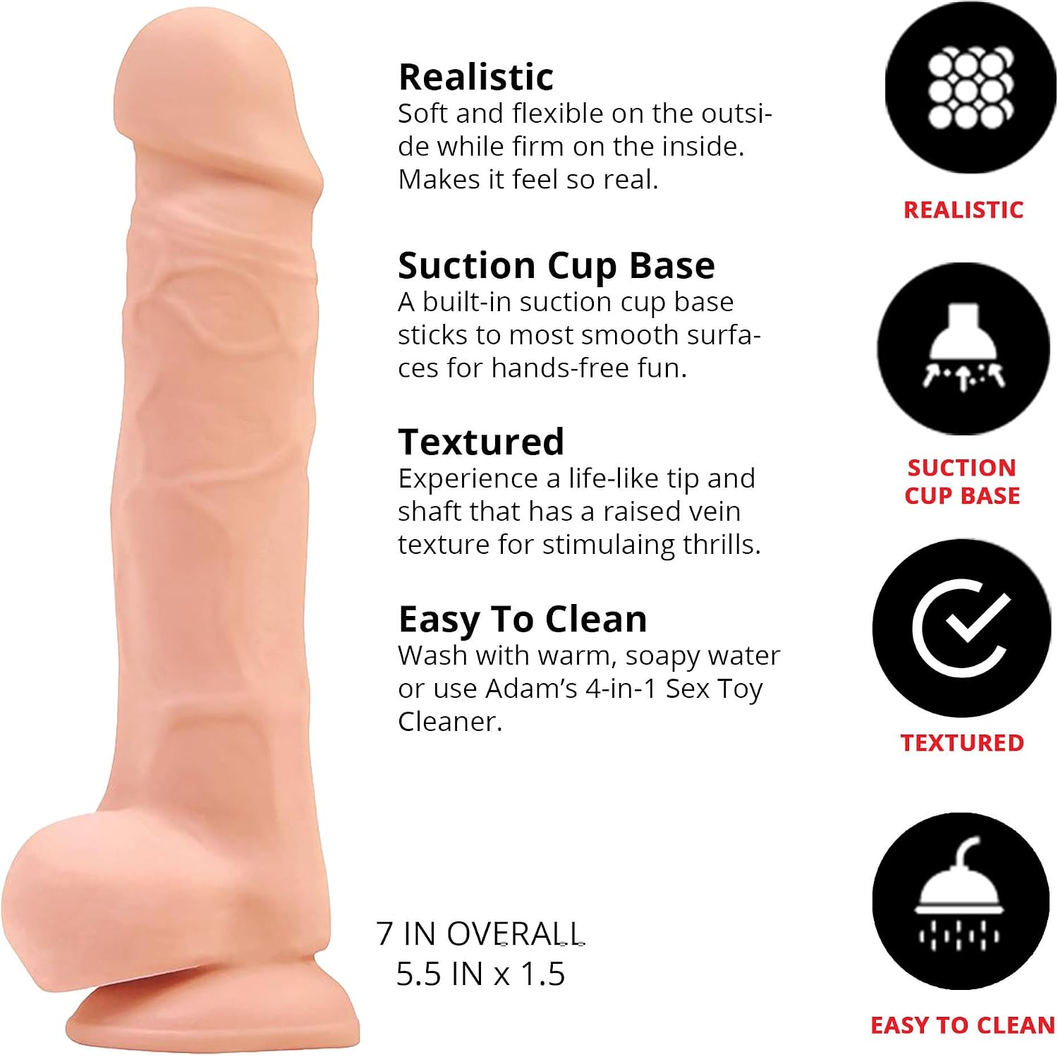 Adam & Eve True Feel Dildo, Big Realistic Penis with Suction Cup, Lifelike Dual Layered Soft Silicone, Waterproof, Easy to Clean, Adult Sex Toys for Women, Men Anal & Couples, 7.5 in, Flesh