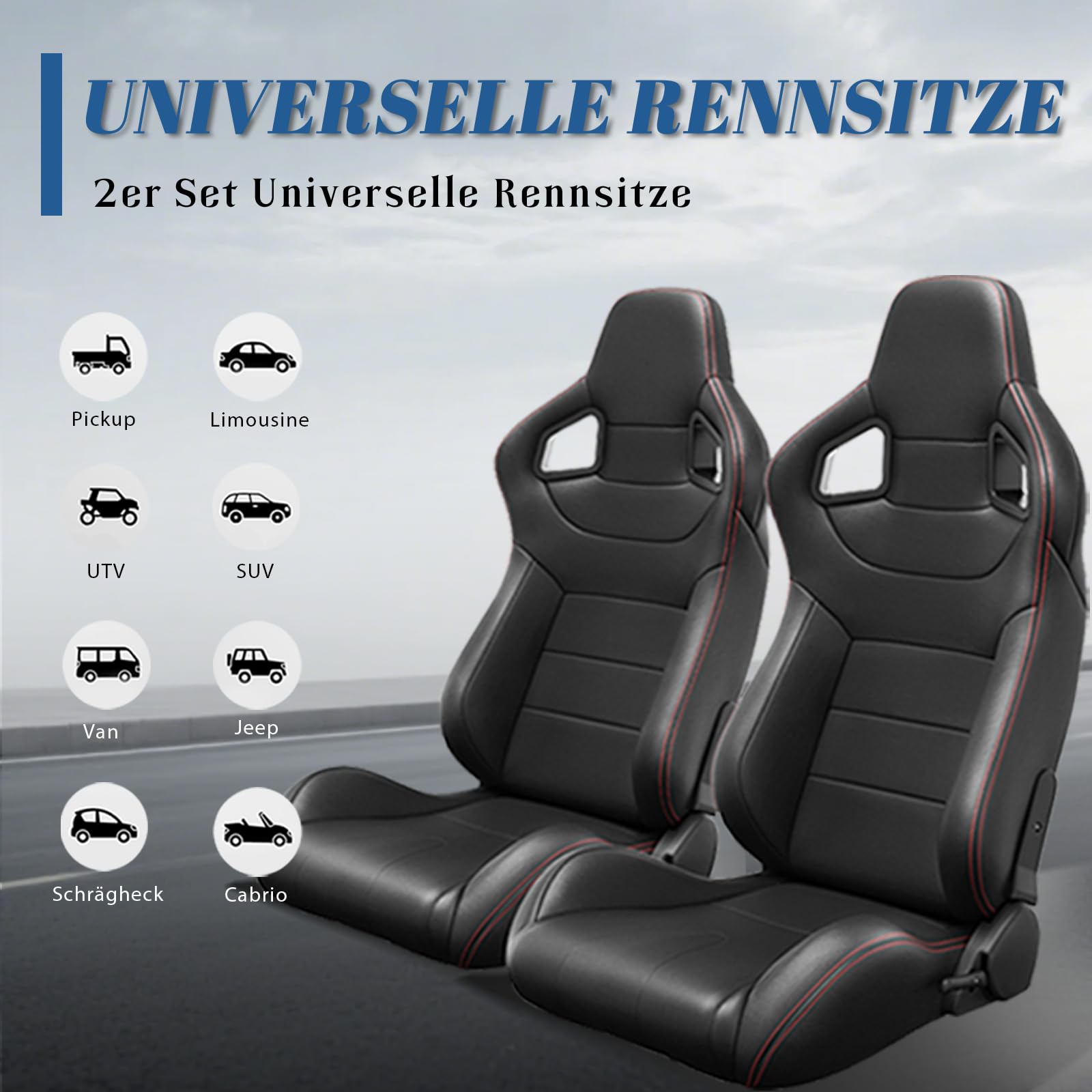 2 x Universal-Schalensitze, PVC-Leder, verstellbare Autositze mit Doppelschiebern (schwarze Sitze mit roter Naht) (schwarz (black))