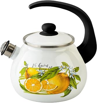 Enamel Kettle with Whistle 2.7 Qt 2.5 L Stovetop Kettle with Ergonomic Handle, Enameled Steel Tea Pot for Stove Top, Vintage Kitchen Tea Kettle, Dishwasher and Induction Safe Lemon